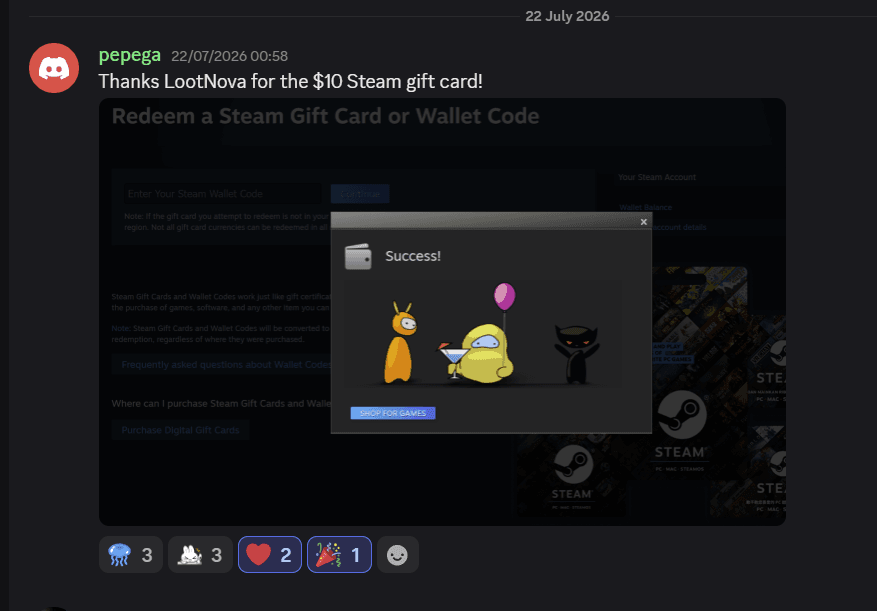 LootNova winner pepega redeeming a $10 Steam gift card successfully