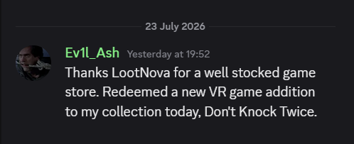 LootNova winner Ev1l_Ash redeeming the VR game Don't Knock Twice