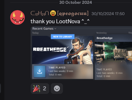 LootNova winner redeeming Breathedge, new to their Steam library
