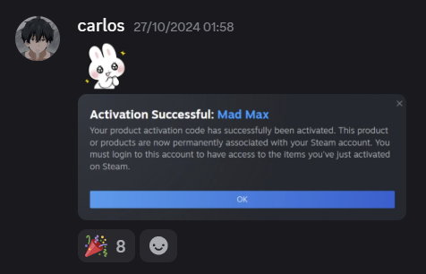 LootNova winner carlos with a successful Mad Max Steam activation