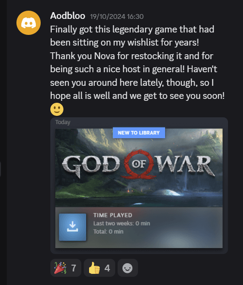 LootNova winner Aodbloo thanking Nova after redeeming God of War on Steam