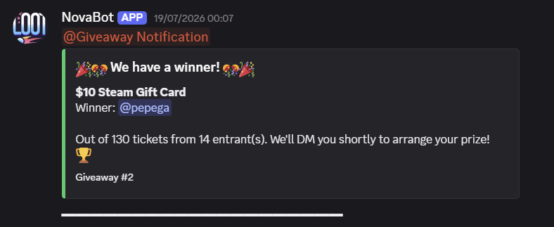 LootNova Discord giveaway announcing a $10 Steam gift card winner